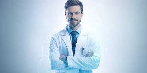 photography of Smiling doctor posing with arms crossed or thinking in the office , on white background , copy space