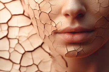 Female face with dry cracked texture, dry skin concept,  - obrazy, fototapety, plakaty