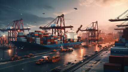 Busy Shipping Port with Containers Ships and Ongoing Global Supply Chain Operations