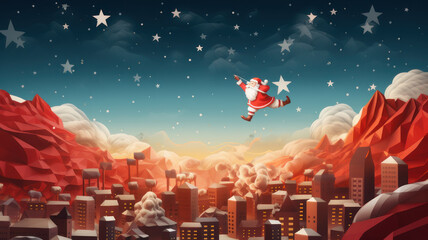 Merry Christmas and Happy New Year. of Santa Claus on the sky coming to City ,paper art and digital craft style