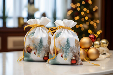 Reusable fabric gift bags with festive prints