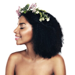 Skincare, profile and flower crown for wellness with a black woman isolated on transparent...