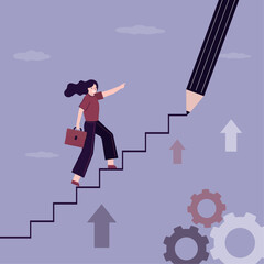 Giant pencil draws career ladder or way to success. Ambitious student or businesswoman novice climbing stairs. Mentorship, business support, help in improving skills and developmen © Alina