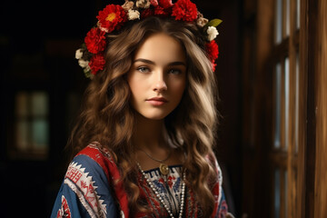 Fototapeta premium portrait of a beautiful Ukrainian woman in national clothes with a wreath on her head and an embroidered shirt