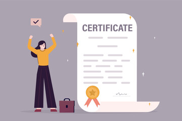 Happy businesswoman or student with certificate paper for work achievement. Certificate on taking course, award for excellent work or diploma document.