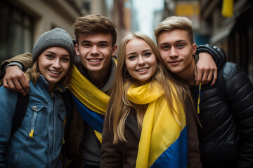 young people with the flag of Ukraine on their shoulders in urban areas