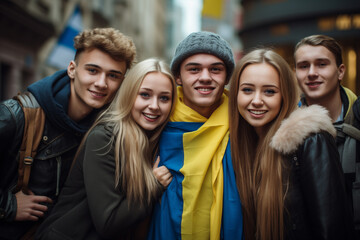 young people with the flag of Ukraine on their shoulders in urban areas