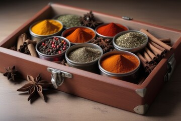 Obraz na płótnie Canvas Variety of spices in wooden box on white table, closeup