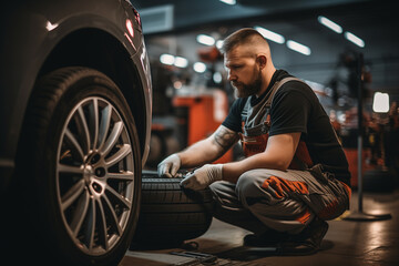Car mechanics changing tire at auto repair shop garage