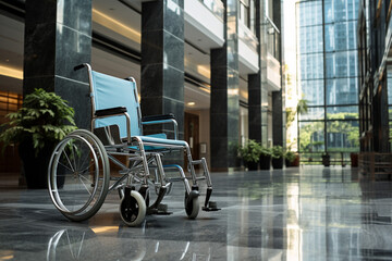 empty wheelchair on the background of a modern hospital building