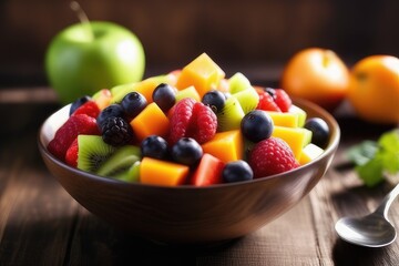 Fresh fruit salad in a bowl on wooden background. Selective focus