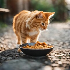 AI illustration of an adorable tabby cat enjoying a meal from a ceramic bowl.