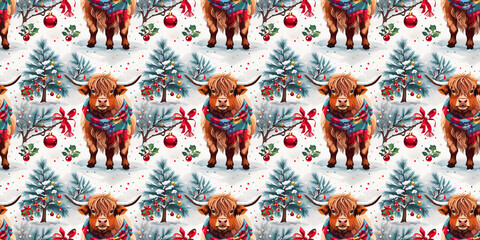 Christmas seamless pattern with a cow in a hat, scarf, and New Year's attributes. Generative AI.