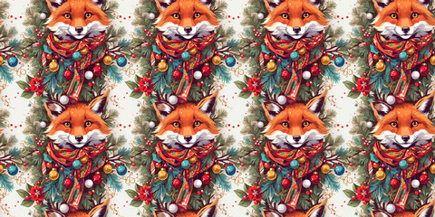 Fototapeta na wymiar Seamless pattern of an fox in knitted scarf, Christmas decorations and trees.Generative AI