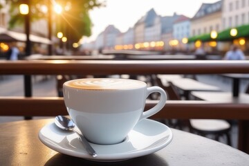 Coffee cup on wooden table in coffee shop with blur background
