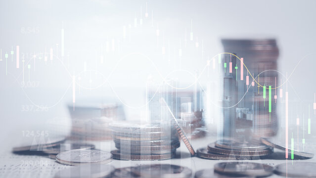Double exposure of coins and city background for finance and banking concept,Financial, investment,saving, business concept.