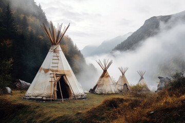 Native American wigwams in mountains