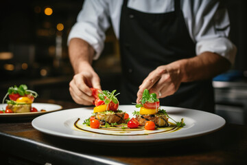 Obraz na płótnie Canvas Close-up view of hands of chef preparing tasty fresh gourmet dish on white plate
