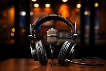 Fototapeta na wymiar View of studio microphone with professional headphones on blurred background.