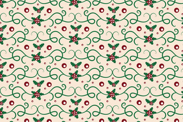 Christmas flourishes swirls holly leaves Seamless Pattern, winter vibes berry leaf modern Christmas pattern, holiday green ornate Christmas pattern, wrapping paper holiday holly printing fabric 