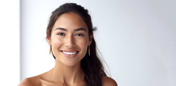 Portrait of young happy Native American woman isolated on white background.