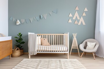 Cozy minimalist nursery room, Baby newborn room interior, Light colors, Scandinavian style. Generative ai