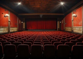 Una sala de butacas de un cine o un teatro  antiguo vacía  - obrazy, fototapety, plakaty