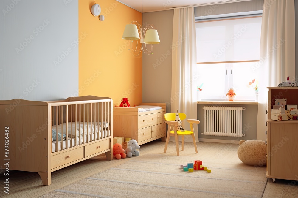 Wall mural Cozy minimalist nursery room, Baby newborn room interior, Light colors, Scandinavian style. Generative ai