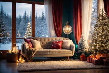 Cozy winter light interior. A sofa, pillows, a window overlooking a snowy forest and a Christmas tree with lights. Merry Christmas and New Year greeting card.