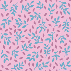 Fototapeta na wymiar Tiny foliage seamless pattern. Blue and pink thin brunches hand drawn on soft pink background. Elegant botanical leafy feminine pattern. Monochrome flat floral allover print