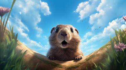 Groundhog Day ,the funny cartoon groundhog is in a hole with text happy groundhog day