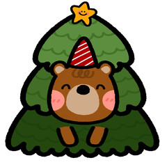 Cartoon drawing Christmas bears wearing party hats are smiling happily with Christmas tree.
