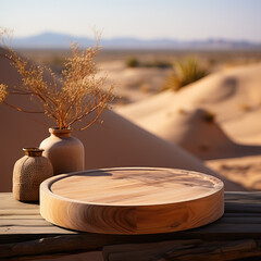 empty wooden tray on desert background.Generative AI.