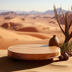 empty wooden tray on desert background.Generative AI.
