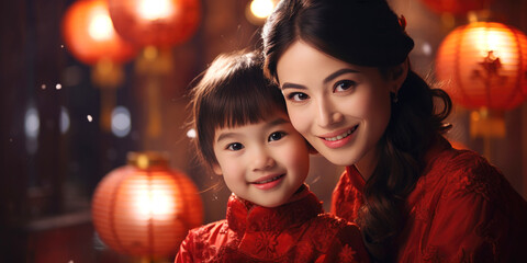 Mother and kid, Chinese new year traditional background, lunar spring festival