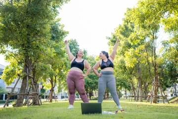 Happy plus size asian woman in fitness wear exercising in park for health, wellness and outdoor exercise. Nature, sports and female athlete runner doing cardio workout in garden. - obrazy, fototapety, plakaty