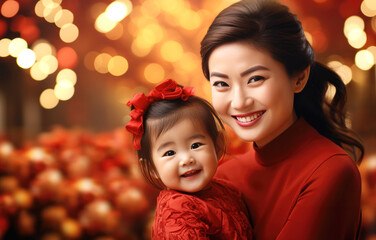 Obraz na płótnie Canvas Mother and kid, Chinese new year traditional background, lunar spring festival