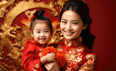 Mother and kid, Chinese new year traditional background, lunar spring festival