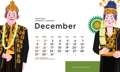December 2024 calendar with Indonesia National Holiday Landscape template layout Editable Text