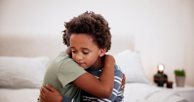 Children, brothers and hug for support in home bedroom, care and love of family together. African kids embrace in comfort, empathy or help, kindness and trust of siblings or friends bonding in house
