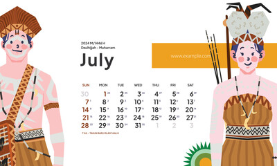 July 2024 calendar with Indonesia National Holiday Landscape template layout Editable Text