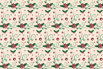 Christmas flourishes swirls holly leaves Seamless Pattern, winter vibes berry leaf modern Christmas pattern, holiday green ornate Christmas pattern, wrapping paper holiday holly printing fabric 