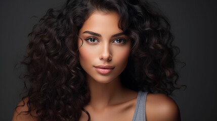 Naklejka premium Close up face of young woman isolated on grey wall with copy space. Successful multiethnic girl. Latin woman looking at camera against gray wall. Made with generative ai