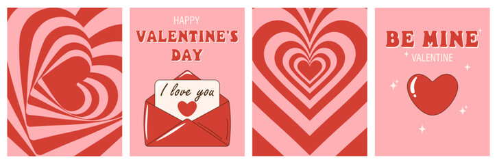 Happy Valentine's Day retro backgrounds with red hearts. Templates of greeting cards or posters in a groovy style. Vector illustrations in a y2k aesthetics. Y2k aesthetics.