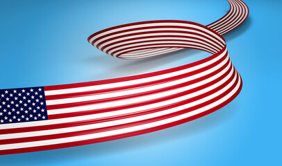 3d Flag Of United States Of America 3d Wavy Shiny USA Ribbon On Blue Background 3d illustration