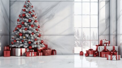 Christmas tree with presents and wrapped gifts in the white room with windows at living room house...