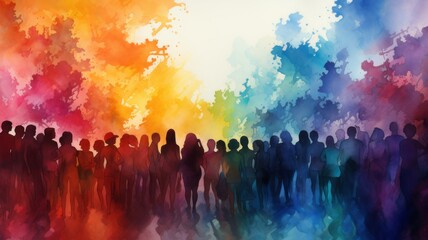Multicultural people silhouettes painted with colorful paint - obrazy, fototapety, plakaty