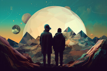 States of mind, travel, relationship concept. Abstract and surreal illustration of couple watching Earth from mountain. Strange geometric figures and colors in background. Colorful collage style - obrazy, fototapety, plakaty