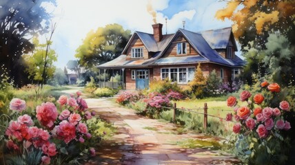 Beautiful house with flowering plants and sky background. Watercolor painting.