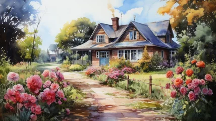 Fototapeten Beautiful house with flowering plants and sky background. Watercolor painting. © senadesign